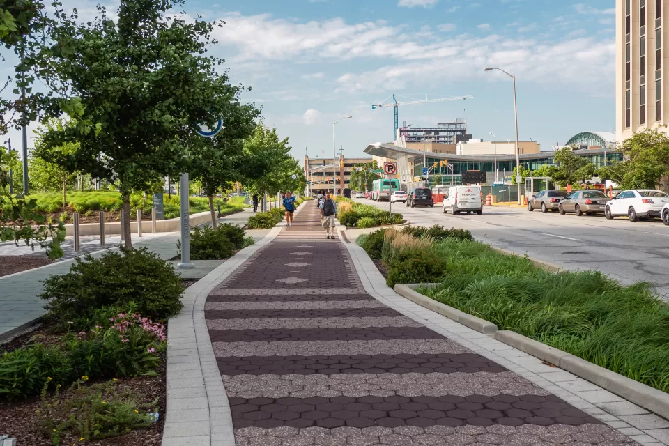 Protected bike path with raised curb in Indianapolis, Indiana